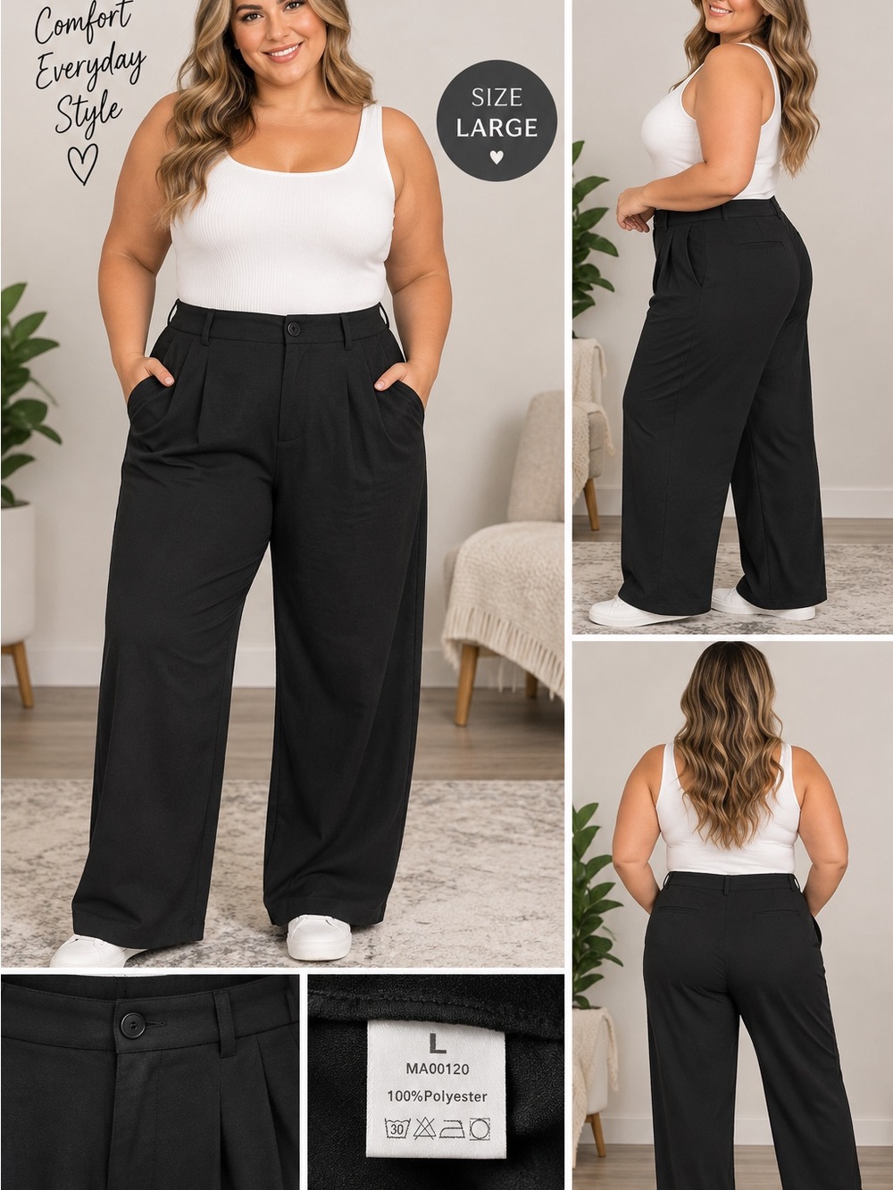 Women's Black Wide-Leg Pull-On Pants